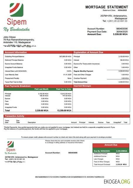 Modèle Word et PDF de relevé hypothécaire SIPEM Banque Madagascar